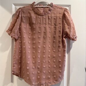 Women’s Pink Textured Dot Ruffle Neck Top